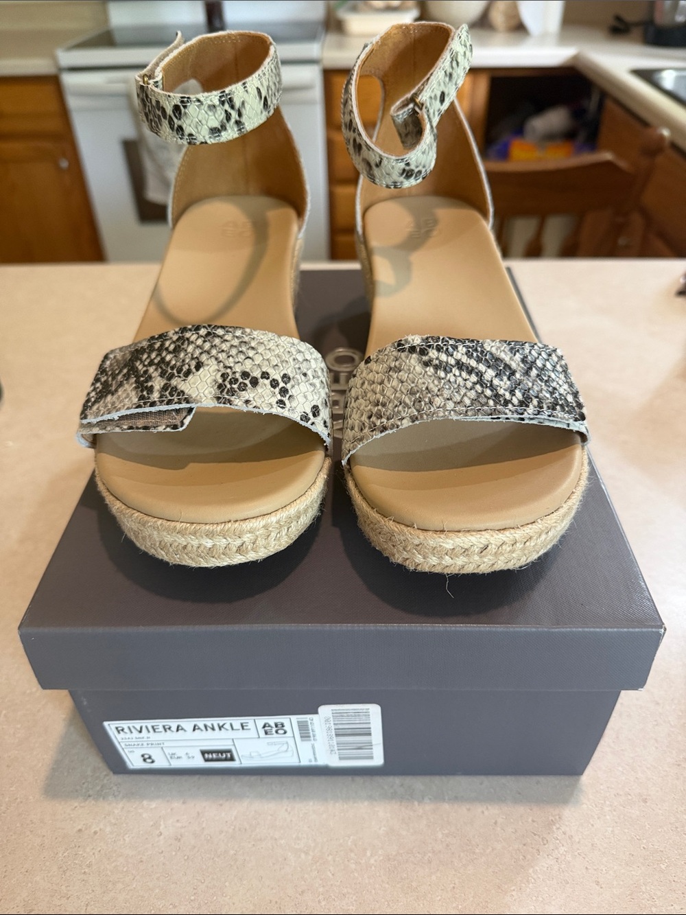 Abeo Riviera Ankle Espadrille Wedge Sandals - Black & Cream Snake Print